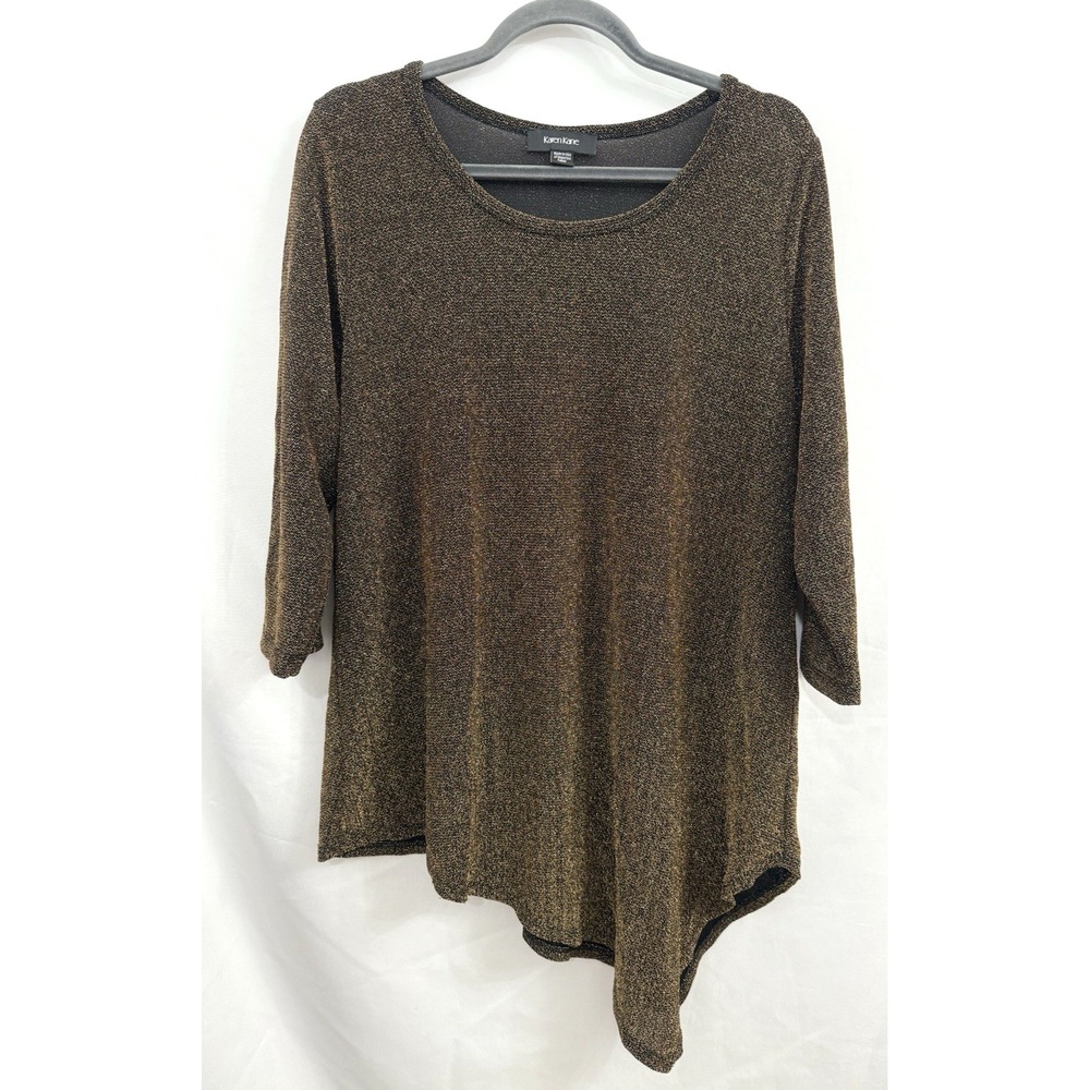Karen Kane Metallic Gold Black Asymmetrical Hem 3/4 Sleeve Top Womens Size 1X‎